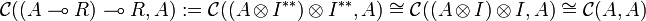 \mathcal{C}((A \multimap R)\multimap R, A) := \mathcal{C}((A \otimes I^{**})\otimes I^{**}, A) \cong \mathcal{C}((A \otimes I)\otimes I, A) \cong \mathcal{C}(A, A)