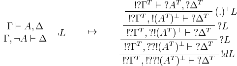 
\AxRule{\Gamma\vdash A,\Delta}
\LabelRule{\neg L}
\UnaRule{\Gamma,\neg A\vdash \Delta}
\DisplayProof
\qquad\mapsto\qquad
\AxRule{\oc{\wn{\Gamma^T}}\vdash \wn{A^T},\wn{\Delta^T}}
\LabelRule{(.)\orth L}
\UnaRule{\oc{\wn{\Gamma^T}},\oc{(A^T)\orth}\vdash \wn{\Delta^T}}
\LabelRule{\wn L}
\UnaRule{\oc{\wn{\Gamma^T}},\wn{\oc{(A^T)\orth}}\vdash \wn{\Delta^T}}
\LabelRule{\wn L}
\UnaRule{\oc{\wn{\Gamma^T}},\wn{\wn{\oc{(A^T)\orth}}}\vdash \wn{\Delta^T}}
\LabelRule{\oc d L}
\UnaRule{\oc{\wn{\Gamma^T}},\oc{\wn{\wn{\oc{(A^T)\orth}}}}\vdash \wn{\Delta^T}}
\DisplayProof
