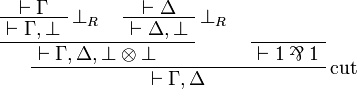 
\AxRule{\vdash\Gamma}
\LabelRule{\bot_R}
\UnaRule{\vdash\Gamma, \bot}
\AxRule{\vdash\Delta}
\LabelRule{\bot_R}
\UnaRule{\vdash\Delta, \bot}
\BinRule{\vdash \Gamma, \Delta, \bot\tens\bot}
\NulRule{\vdash \one\parr\one}
\LabelRule{\rulename{cut}}
\BinRule{\vdash\Gamma,\Delta}
\DisplayProof
