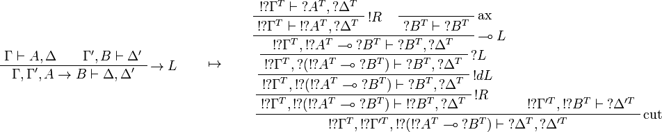 
\AxRule{\Gamma\vdash A,\Delta}
\AxRule{\Gamma',B\vdash\Delta'}
\LabelRule{\imp L}
\BinRule{\Gamma,\Gamma',A\imp B\vdash\Delta,\Delta'}
\DisplayProof
\qquad\mapsto\qquad
\AxRule{\oc{\wn{\Gamma^T}}\vdash\wn{A^T},\wn{\Delta^T}}
\LabelRule{\oc R}
\UnaRule{\oc{\wn{\Gamma^T}}\vdash\oc{\wn{A^T}},\wn{\Delta^T}}
\LabelRule{\rulename{ax}}
\NulRule{\wn{B^T}\vdash\wn{B^T}}
\LabelRule{\limp L}
\BinRule{\oc{\wn{\Gamma^T}},\oc{\wn{A^T}}\limp\wn{B^T}\vdash\wn{B^T},\wn{\Delta^T}}
\LabelRule{\wn L}
\UnaRule{\oc{\wn{\Gamma^T}},\wn{(\oc{\wn{A^T}}\limp\wn{B^T})}\vdash\wn{B^T},\wn{\Delta^T}}
\LabelRule{\oc d L}
\UnaRule{\oc{\wn{\Gamma^T}},\oc{\wn{(\oc{\wn{A^T}}\limp\wn{B^T})}}\vdash\wn{B^T},\wn{\Delta^T}}
\LabelRule{\oc R}
\UnaRule{\oc{\wn{\Gamma^T}},\oc{\wn{(\oc{\wn{A^T}}\limp\wn{B^T})}}\vdash\oc{\wn{B^T}},\wn{\Delta^T}}
\AxRule{\oc{\wn{\Gamma'^T}},\oc{\wn{B^T}}\vdash\wn{\Delta'^T}}
\LabelRule{\rulename{cut}}
\BinRule{\oc{\wn{\Gamma^T}},\oc{\wn{\Gamma'^T}},\oc{\wn{(\oc{\wn{A^T}}\limp\wn{B^T})}}\vdash\wn{\Delta^T},\wn{\Delta'^T}}
\DisplayProof

