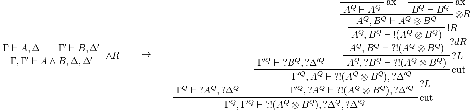 
\AxRule{\Gamma\vdash A,\Delta}
\AxRule{\Gamma'\vdash B,\Delta'}
\LabelRule{\wedge R}
\BinRule{\Gamma,\Gamma'\vdash A\wedge B,\Delta,\Delta'}
\DisplayProof
\qquad\mapsto\qquad
\AxRule{\Gamma^Q\vdash \wn{A^Q},\wn{\Delta^Q}}
\AxRule{\Gamma'^Q\vdash \wn{B^Q},\wn{\Delta'^Q}}
\LabelRule{\rulename{ax}}
\NulRule{A^Q\vdash A^Q}
\LabelRule{\rulename{ax}}
\NulRule{B^Q\vdash B^Q}
\LabelRule{\tens R}
\BinRule{A^Q,B^Q\vdash A^Q\tens B^Q}
\LabelRule{\oc R}
\UnaRule{A^Q,B^Q\vdash \oc{(A^Q\tens B^Q)}}
\LabelRule{\wn d R}
\UnaRule{A^Q,B^Q\vdash \wn{\oc{(A^Q\tens B^Q)}}}
\LabelRule{\wn L}
\UnaRule{A^Q,\wn{B^Q}\vdash \wn{\oc{(A^Q\tens B^Q)}}}
\LabelRule{\rulename{cut}}
\BinRule{\Gamma'^Q,A^Q\vdash \wn{\oc{(A^Q\tens B^Q)}},\wn{\Delta'^Q}}
\LabelRule{\wn L}
\UnaRule{\Gamma'^Q,\wn{A^Q}\vdash \wn{\oc{(A^Q\tens B^Q)}},\wn{\Delta'^Q}}
\LabelRule{\rulename{cut}}
\BinRule{\Gamma^Q,\Gamma'^Q\vdash \wn{\oc{(A^Q\tens B^Q)}},\wn{\Delta^Q},\wn{\Delta'^Q}}
\DisplayProof

