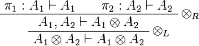
\AxRule{ \pi_1 : A_1 \vdash A_1 }
\AxRule{ \pi_2 : A_2 \vdash A_2 }
\LabelRule{ \tens_R }
\BinRule{ A_1, A_2 \vdash A_1 \tens A_2 }
\LabelRule{ \tens_L }
\UnaRule{ A_1 \tens A_2 \vdash A_1 \tens A_2 }
\DisplayProof
