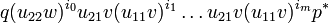 q(u_{22}w)^{i_0}u_{21}v(u_{11}v)^{i_1}\dots u_{21}v(u_{11}v)^{i_m}p^*