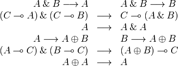 
\begin{array}{rcl}
  A\with B \longrightarrow A &\quad& A\with B \longrightarrow B\\
  (C\limp A)\with(C\limp B) &\longrightarrow& C\limp(A\with B)\\
  A &\longrightarrow& A\with A\\
  A \longrightarrow A\plus B &\quad& B \longrightarrow A\plus B\\
  (A\limp C)\with(B\limp C) &\longrightarrow& (A\plus B)\limp C\\
  A\plus A &\longrightarrow& A\\
\end{array}
